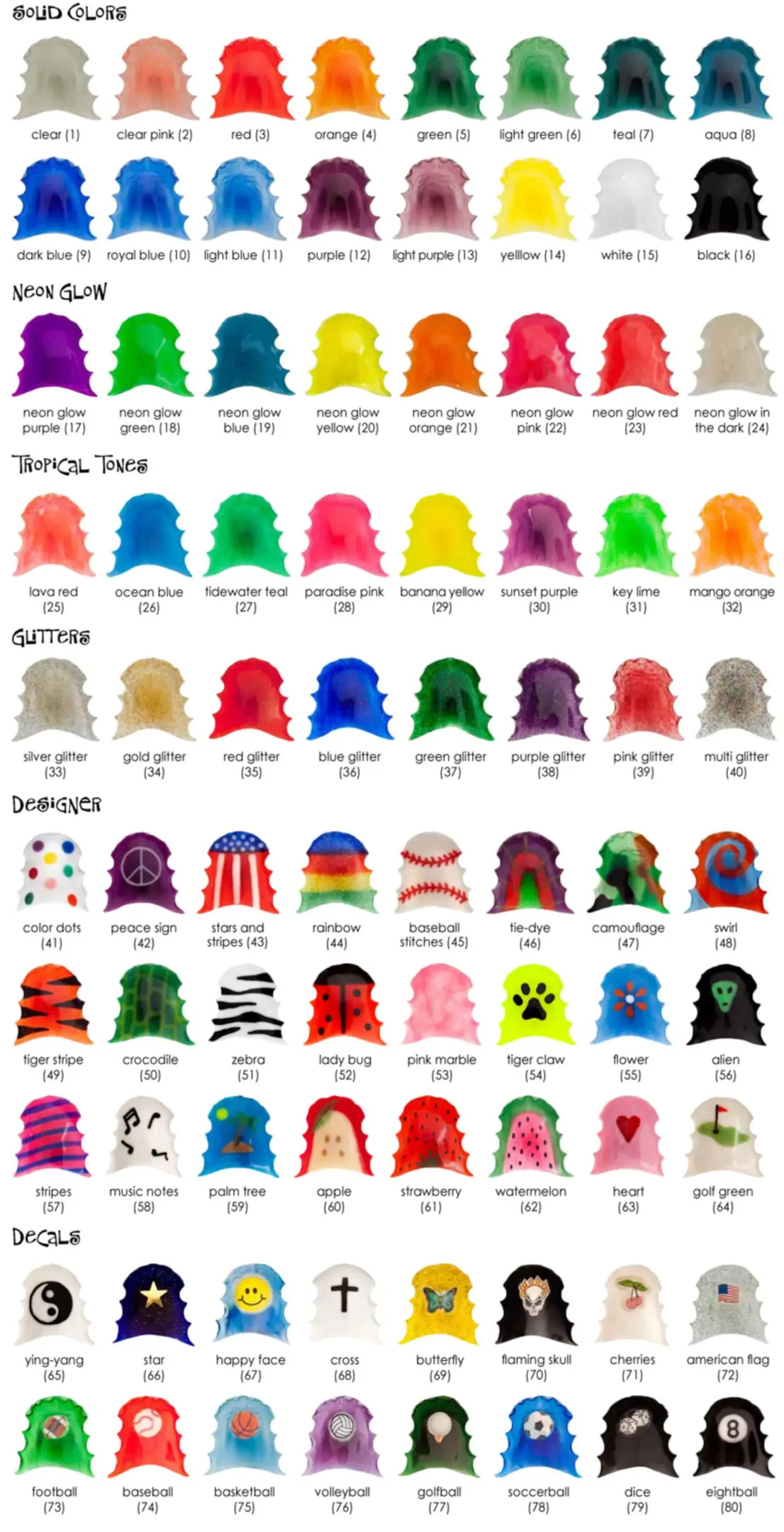 Colorful chart of 70+ orthodontic retainer colors with names.