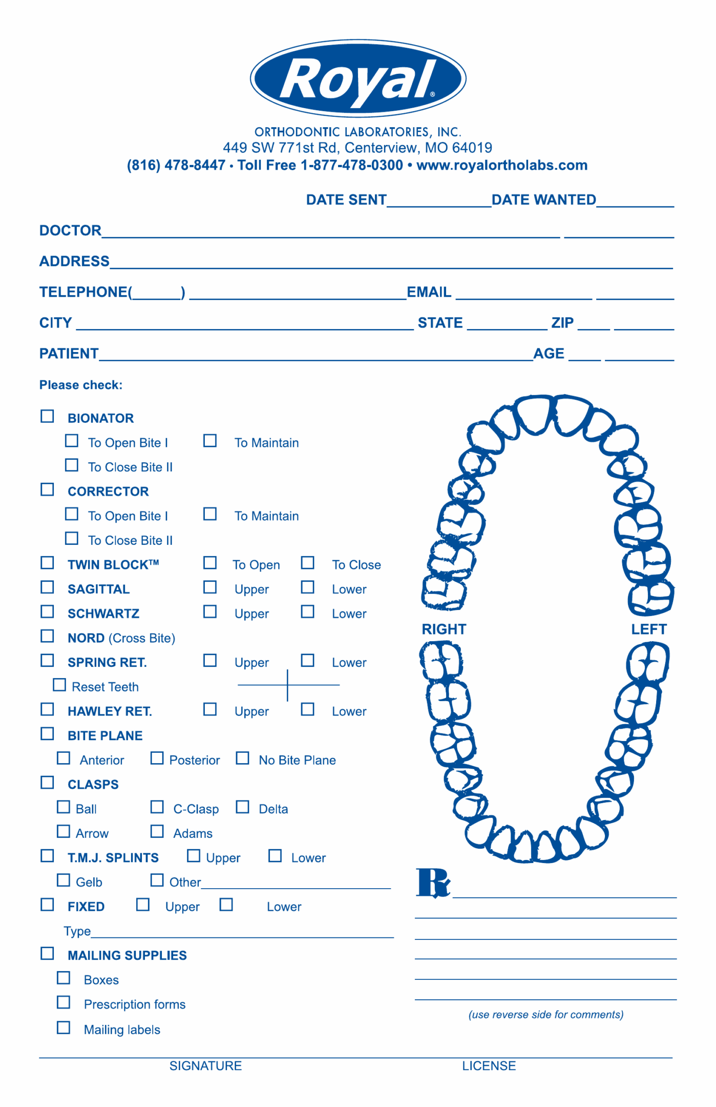 Dental chart form with patient info and teeth diagram.