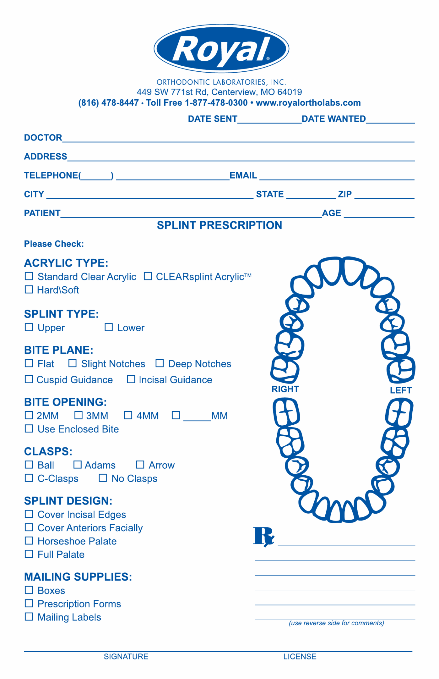 Dental prescription form with tooth diagram for marking splints and treatments.
