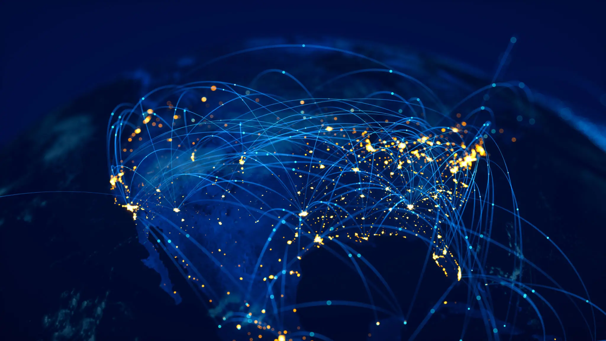 A glowing network of interconnected points across a dark map.